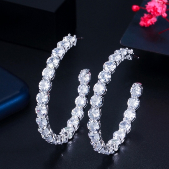 Sparkle Simulated Diamond In-Out Hoop Earring, 925 Sterling Silver Post - Picture 4 of 7